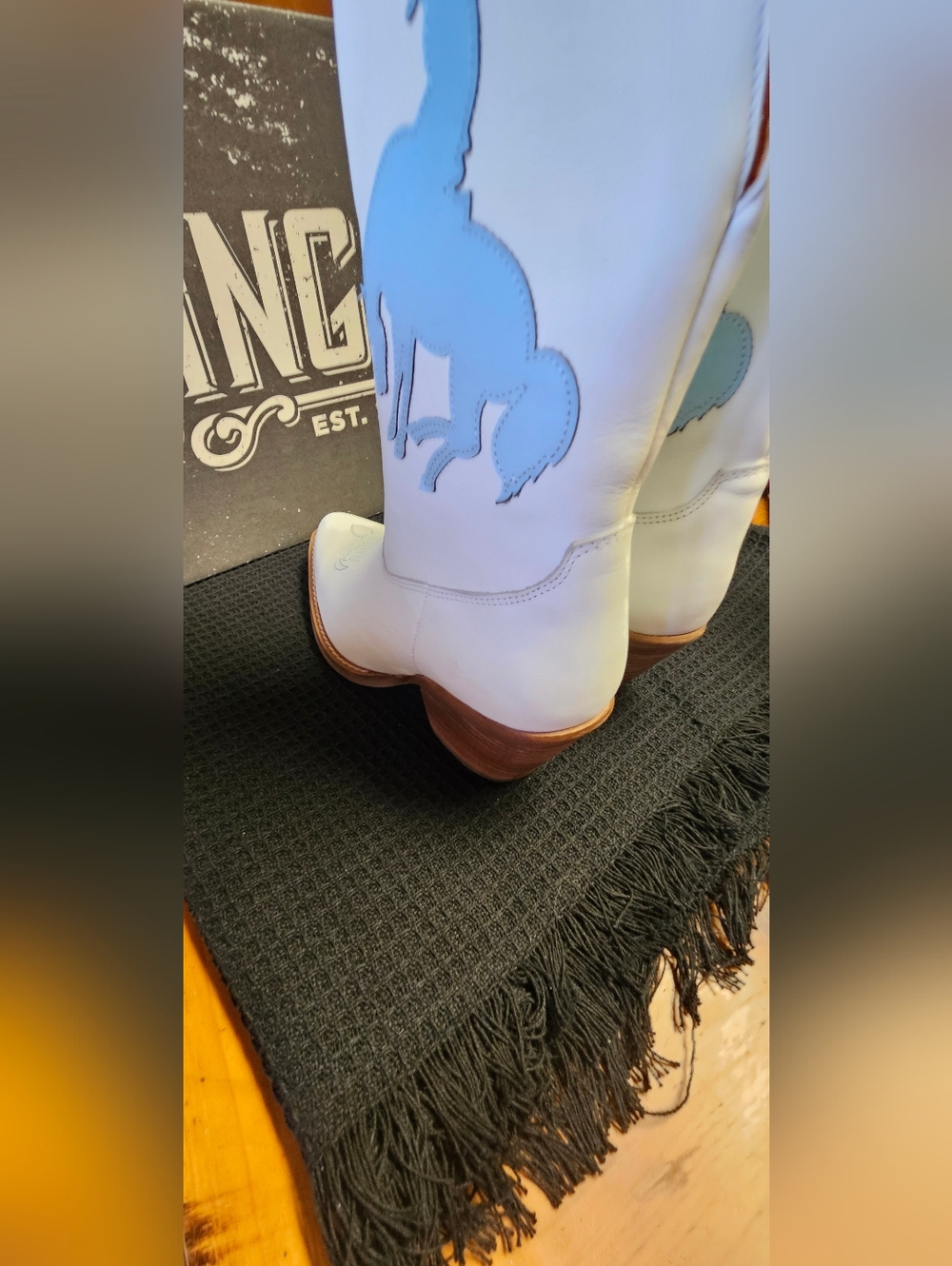 dingo White and Tan Western Heeled Boots with Blue Cowboy Rider Accent - Picture 3 of 5